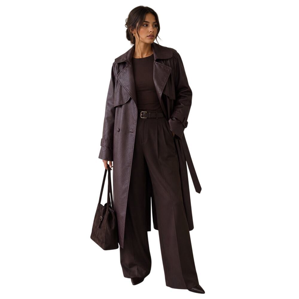 NWT Hot Fashion Burgundy Faux Leather Trench Coat Belted Long Coat One Size - Picture 11 of 11